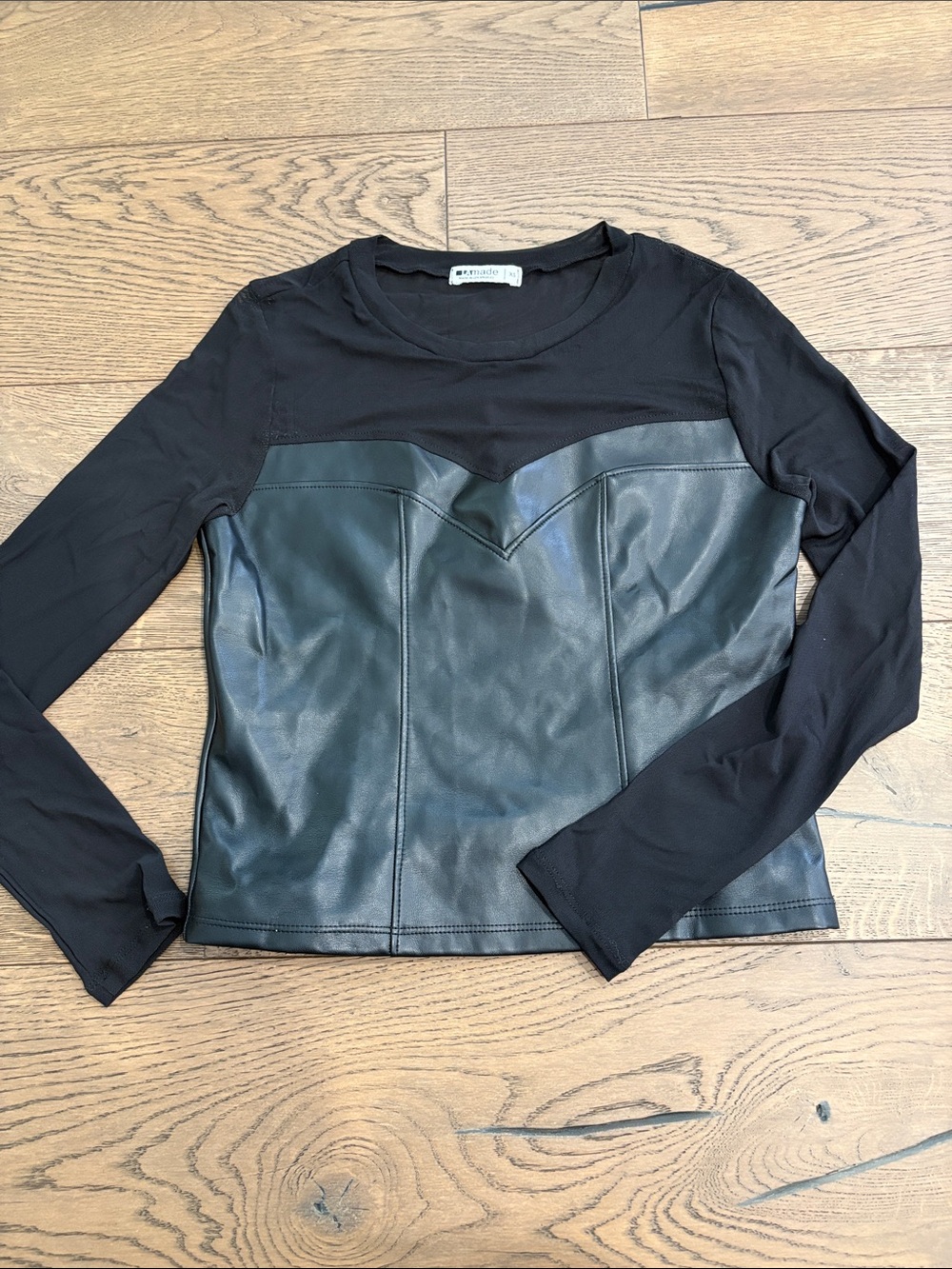 LAmade Black Faux Leather and Mesh Long Sleeve Top